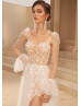 Beaded Lace Tulle Slit Wedding Dress With Detachable Sleeves